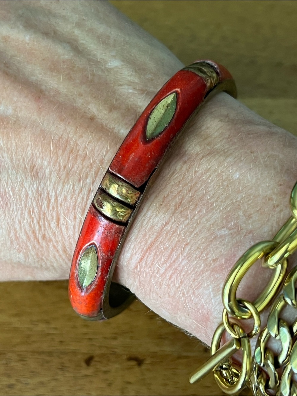 Vintage Red laquer Brass inlay Accent Bangle Bracelet boho
